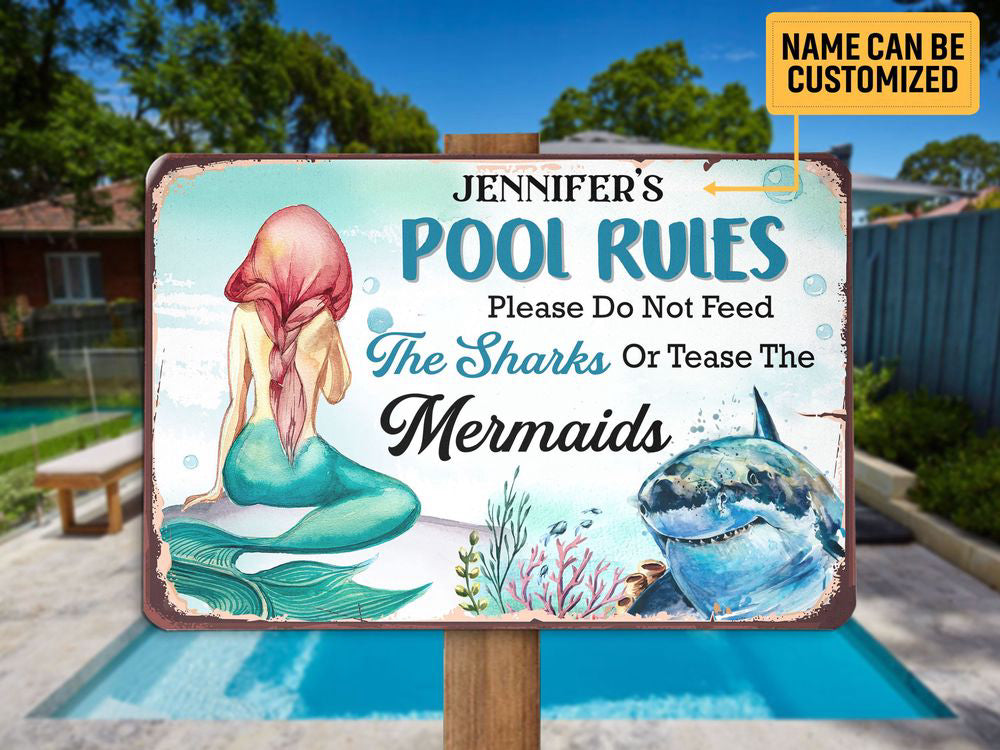 Personalized Shark Mermaid Pool Rules Sign, Swimming Pool Sign, Pool Metal Sign,