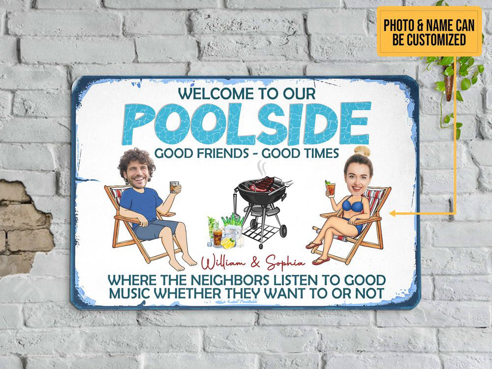 Custom Photo Name Couple Welcome To Our Poolside Sign, Swimming Pool Metal Art Sign, for Couple