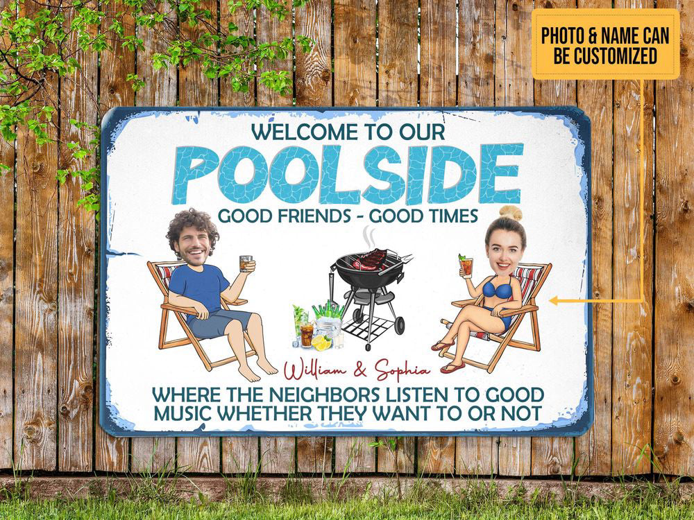 Custom Photo Name Couple Welcome To Our Poolside Sign, Swimming Pool Metal Art Sign, for Couple