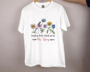 Custom Name Teacher T-shirt Helping Little Minds Grow Flower Teaching Educator Shirt Appreciation 1st Day Back To School Gift Unisex Tee