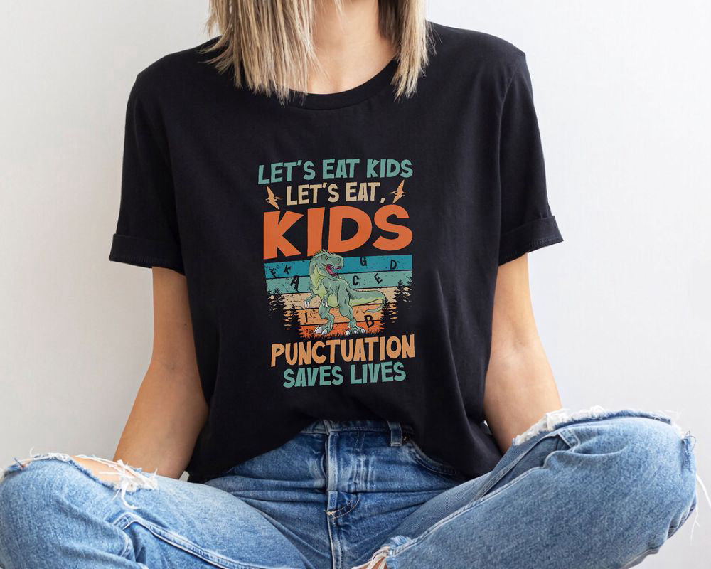 Vintage Dinosaur Let's Eat Kids Punctuation T-shirt English Teacher Shirt Gift for Teachers