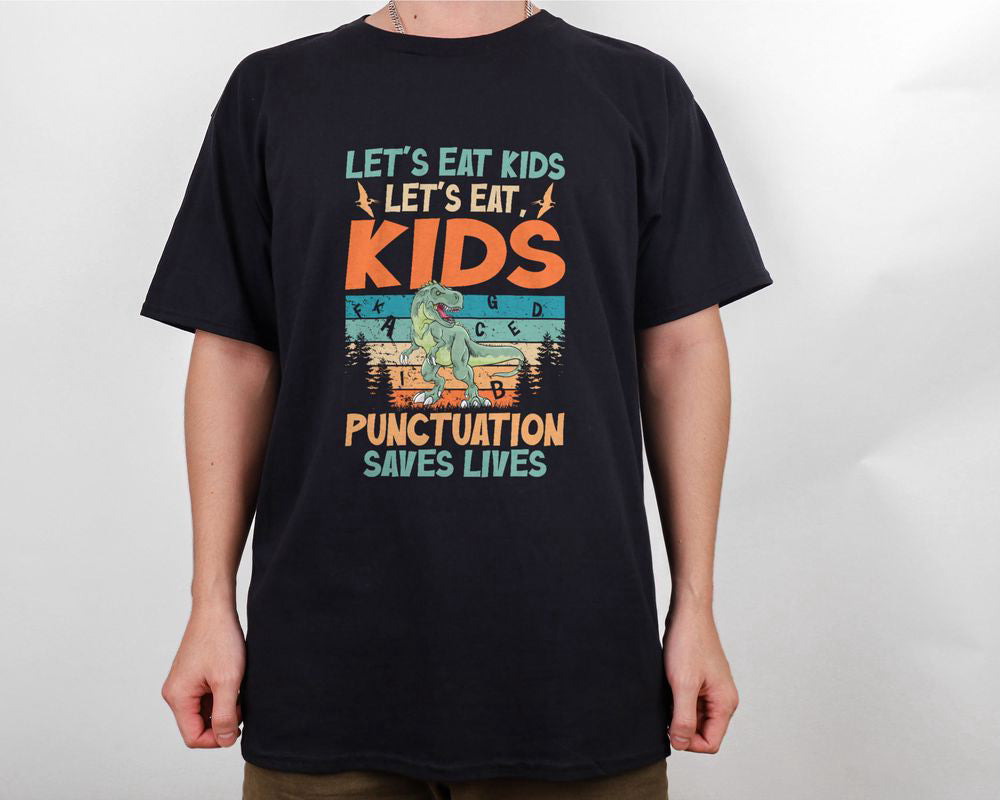 Vintage Dinosaur Let's Eat Kids Punctuation T-shirt English Teacher Shirt Gift for Teachers