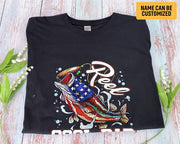 Custom Kids Name American Flag Reel Cool Dad T-shirt, Father's Day Birthday Fishing Dad Shirt, Father's Day Gift