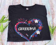 Custom Grandkids Name Heart Grandma T-shirt Firework American Flag Patriotic Shirt Mother's Day Gift