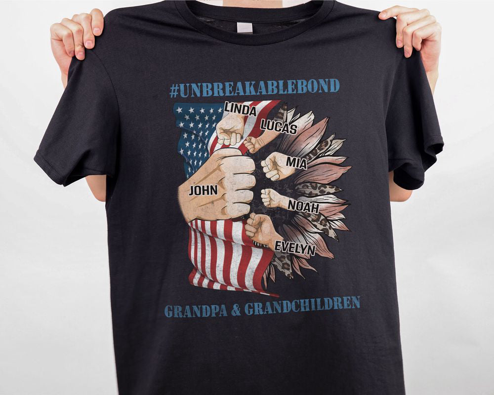 Custom Grandkids Name First Bump American Flag Flower Grandpa T-shirt, Father's Day Gift