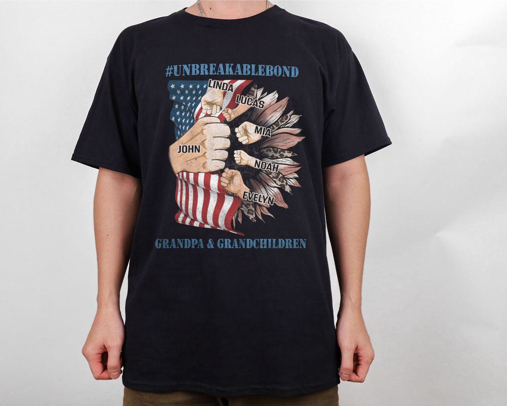 Custom Grandkids Name First Bump American Flag Flower Grandpa T-shirt, Father's Day Gift