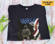 Custom Name Soldier T-shirt American Flag Eagle Half Camouflage Army Military Soldier Shirt