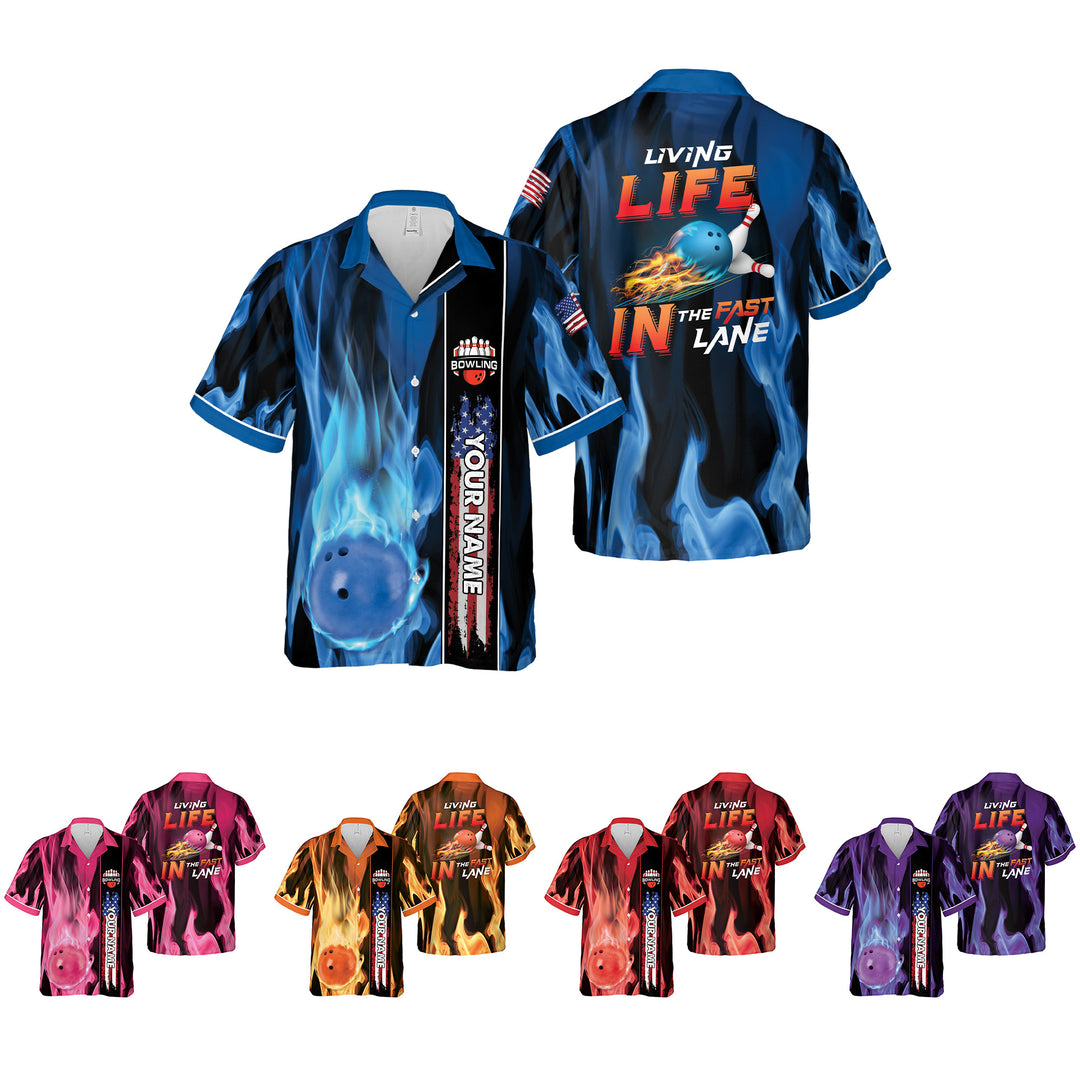 Personalized Bowling Hawaiian Shirt Fire Flame American Flag Custom Bowling Shirt for Team Gift For Bowler