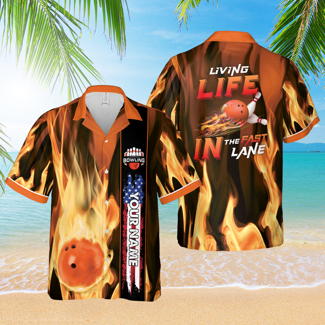 Personalized Bowling Hawaiian Shirt Fire Flame American Flag Custom Bowling Shirt for Team Gift For Bowler