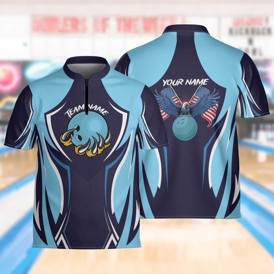 Personalized Bowling Jersey Quick Zip American Eagle Ball Custom Bowling Shirt, Gift For Bowler Player